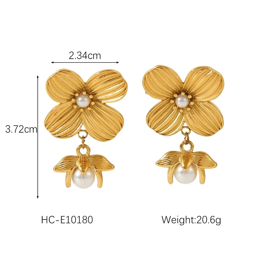 1 Piece IG Style Flower Plating Inlay 304 Stainless Steel Natural Stone Pearl 18K Gold Plated Drop Earrings Ear Studs