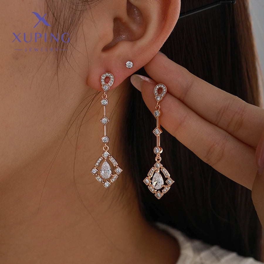 1 Pair Elegant Luxurious XUPING Geometric Inlay Copper Artificial Gemstones 18K Gold Plated Drop Earrings