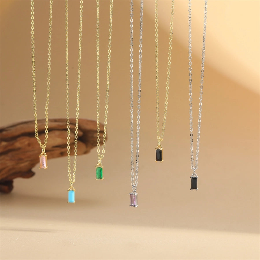 Copper 14K Gold Plated Inlay Rectangle Zircon Pendant Necklace