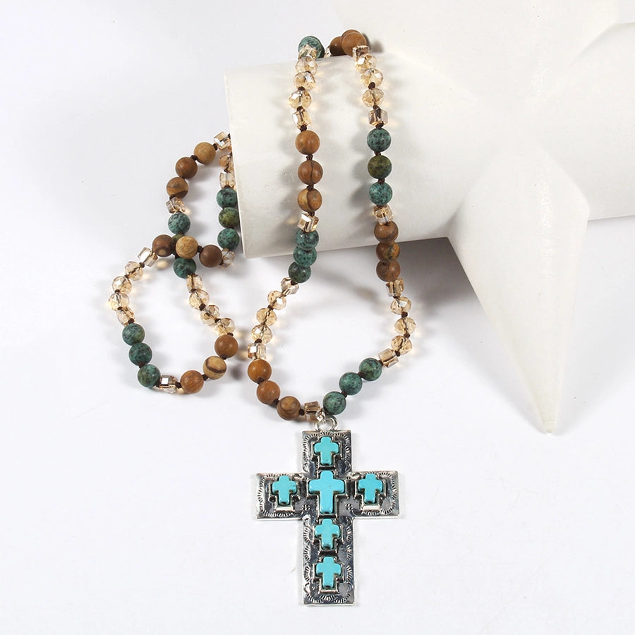 Vintage Style Vacation Cross Beaded Chain Pendant Necklace In Bulk