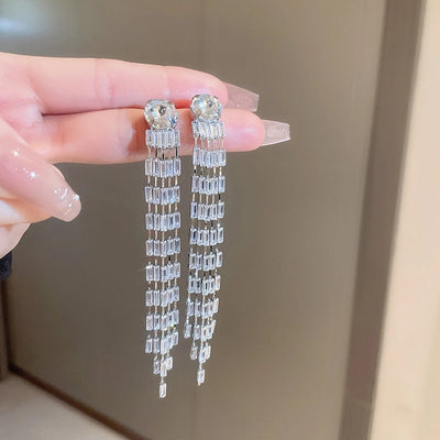 1 Pair Elegant Lady Geometric Tassel Copper Rhinestones Drop Earrings