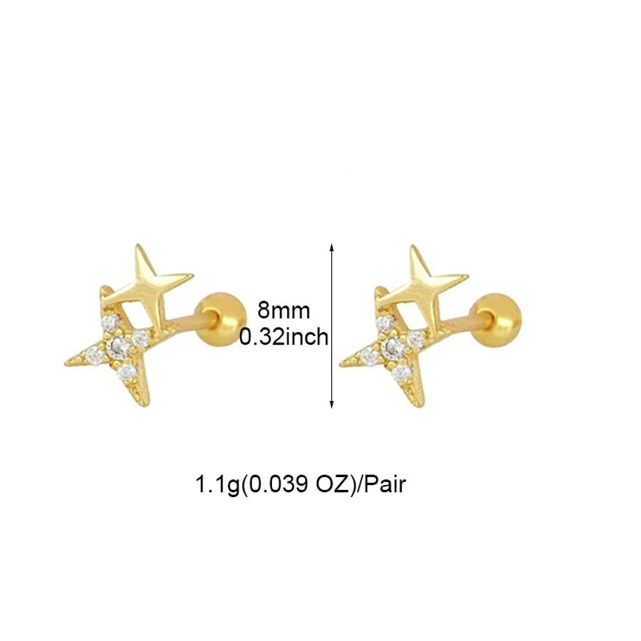 1 Pair Simple Style Star Copper Zircon 24K Gold Plated Ear Studs