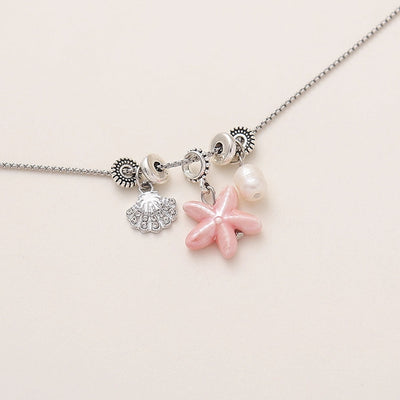 Hawaiian Vacation Starfish Shell Rhinestones Artificial Pearl Titanium Steel ceramics