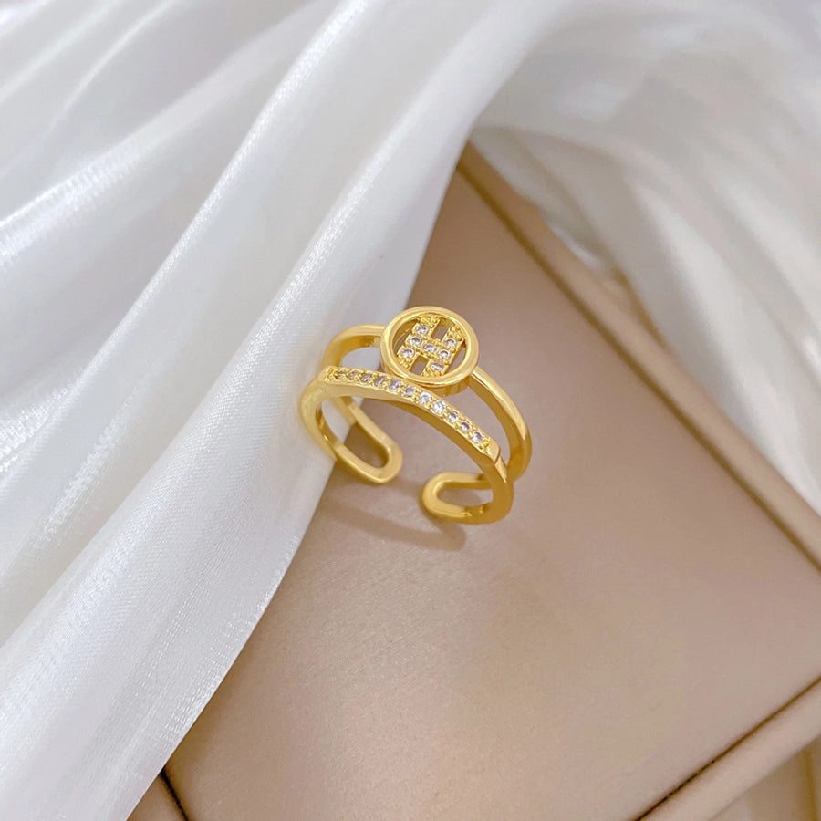 Brass Gold Plated Geometric Letter Zircon Brass Rings