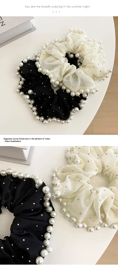 Large Embroidered Pearl Mesh Large Intestine Hair Ring Ponytail Hair String Retro Simple French High-End Hepburn Style Hair Accessories for Women