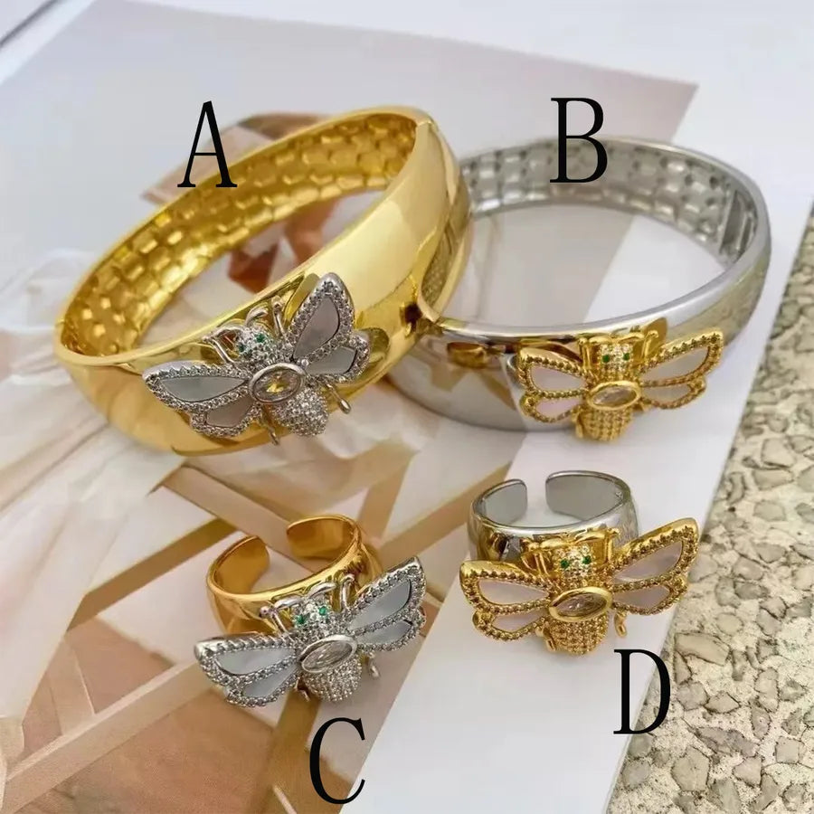 Wholesale Jewelry Classic Style Solid Color Bee Copper Zircon 18K Gold Plated Plating Inlay Jewelry Set