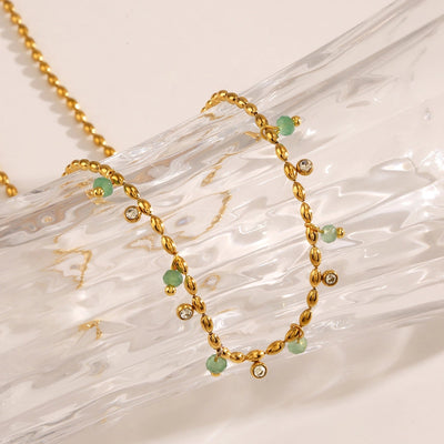 Jewelry Casual Vintage Style Round 304 Stainless Steel Zircon 18K Gold Plated Green Aventurine Inlay Necklace
