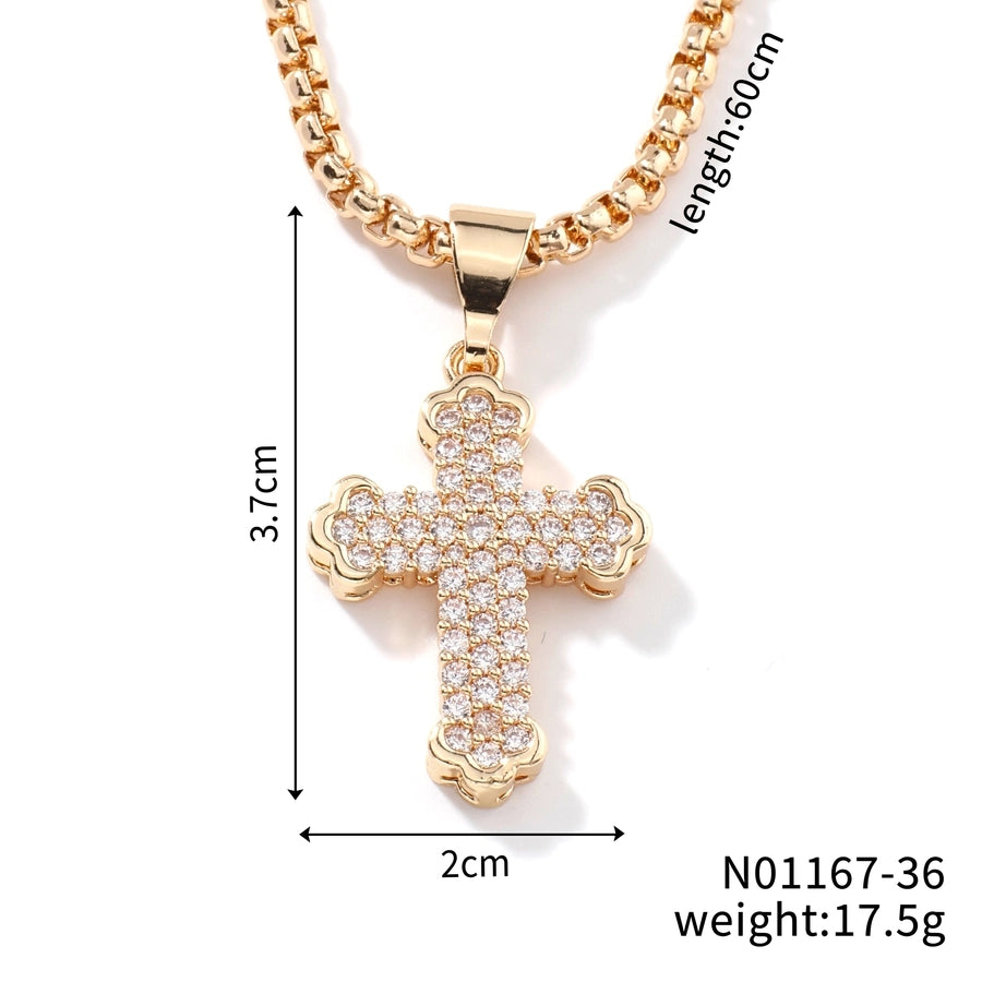 Hip-Hop Rock Shiny Cross Wings 304 Stainless Steel Copper Zircon K Gold Plated Rhodium Plated Unisex Pendant Necklace