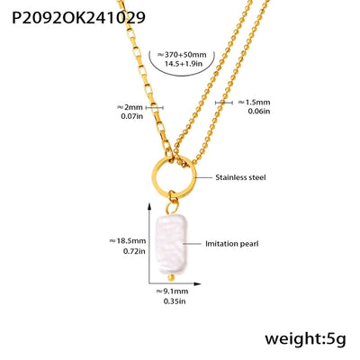 Jewelry Elegant Vacation Rectangle 304 Stainless Steel Baroque pearl 18K Gold Plated Pendant Necklace