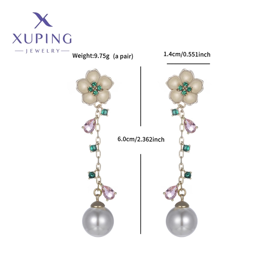1 Pair Elegant Sweet Flower Plating Copper Artificial Gemstones Beads 18K Gold Plated Drop Earrings