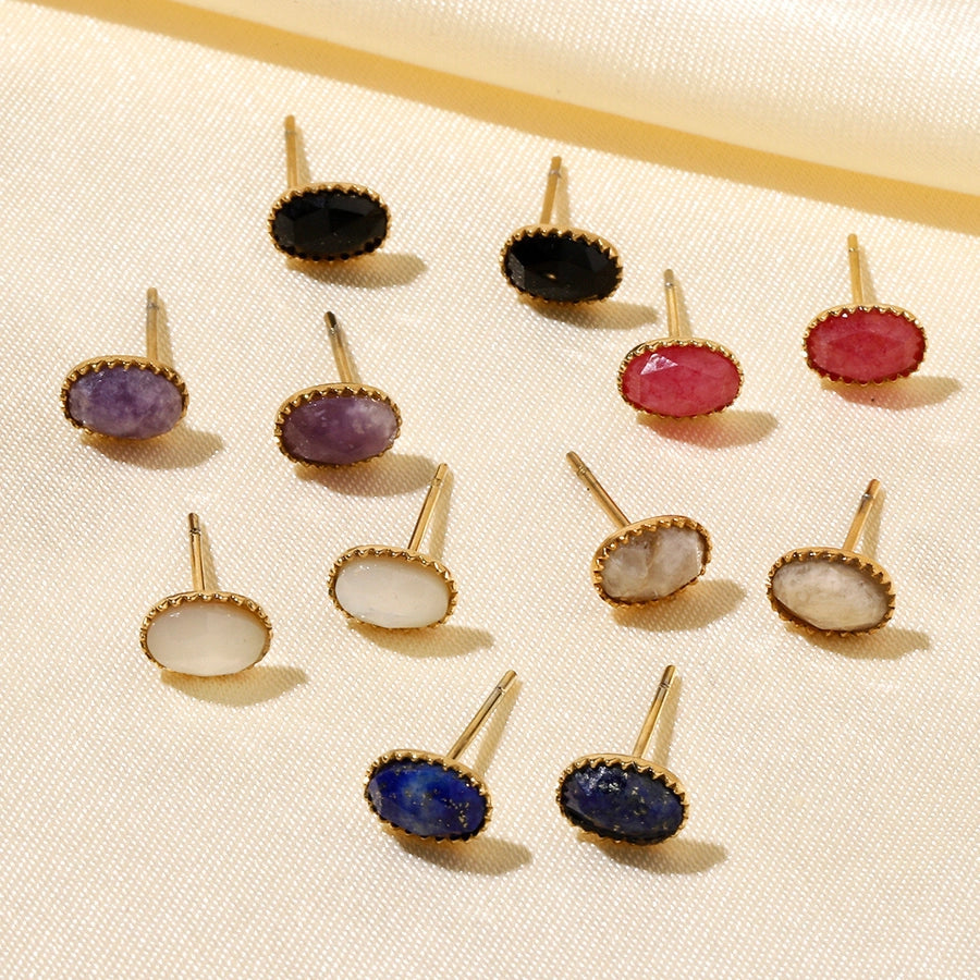 One Pack and Two Pairs Retro French Style Geometric Plating Titanium Steel Natural Stone 14K Gold Plated Ear Studs