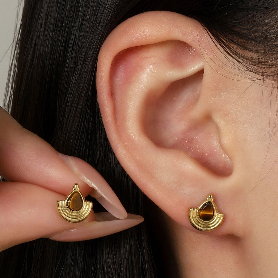 One Pack and Two Pairs Retro French Style Geometric Plating Titanium Steel Natural Stone 14K Gold Plated Ear Studs