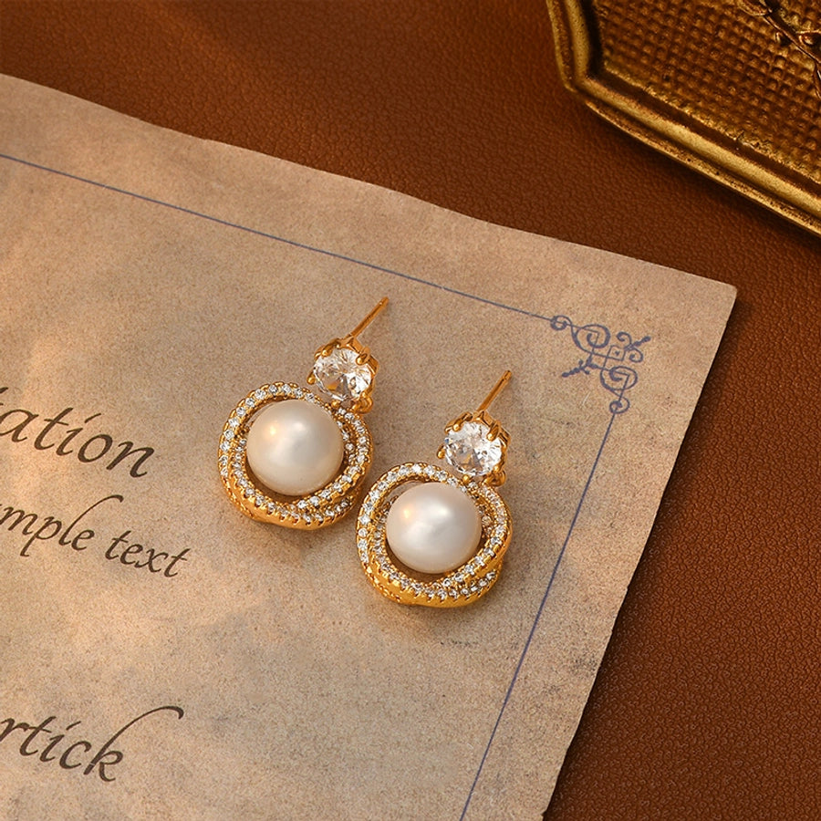 1 Pair Retro French Style Round Heart Shape Copper Zircon 18K Gold Plated Drop Earrings