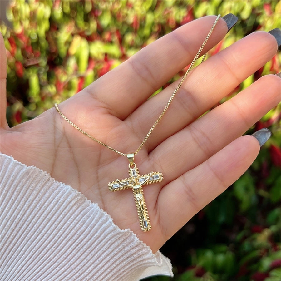 Copper 18K Gold Plated Inlay Portrait Cross Zircon Pendant Necklace