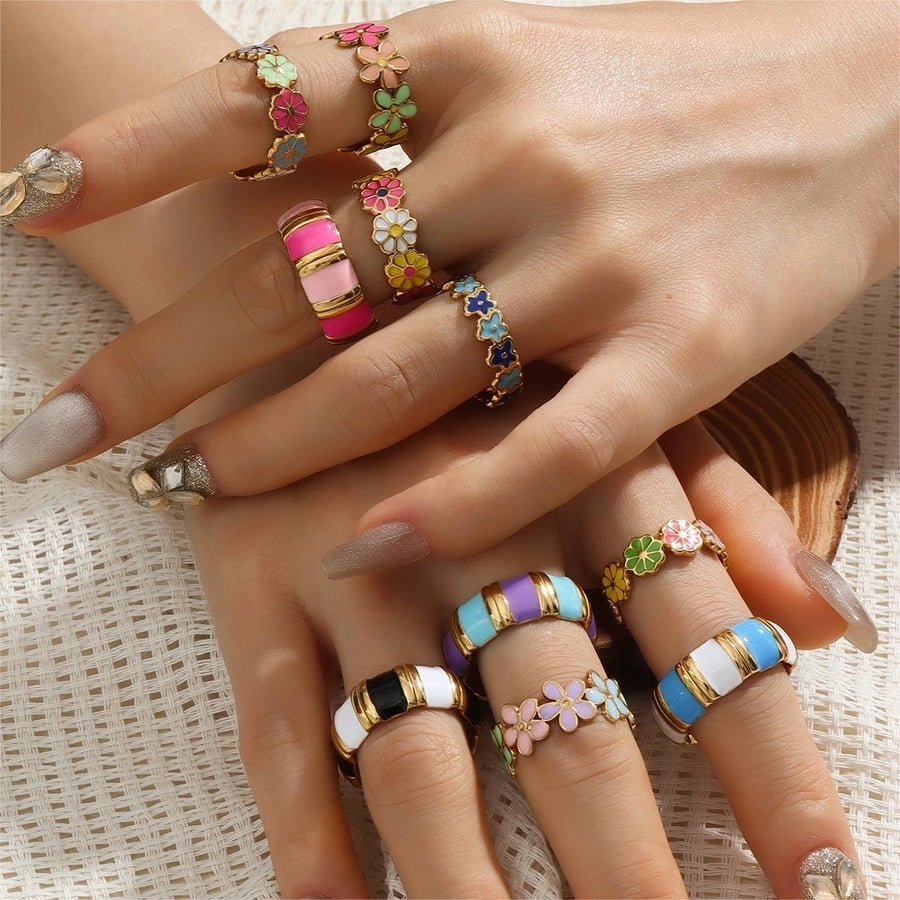Jewelry Retro Sweet Stripe Flower 304 Stainless Steel Enamel Open Rings