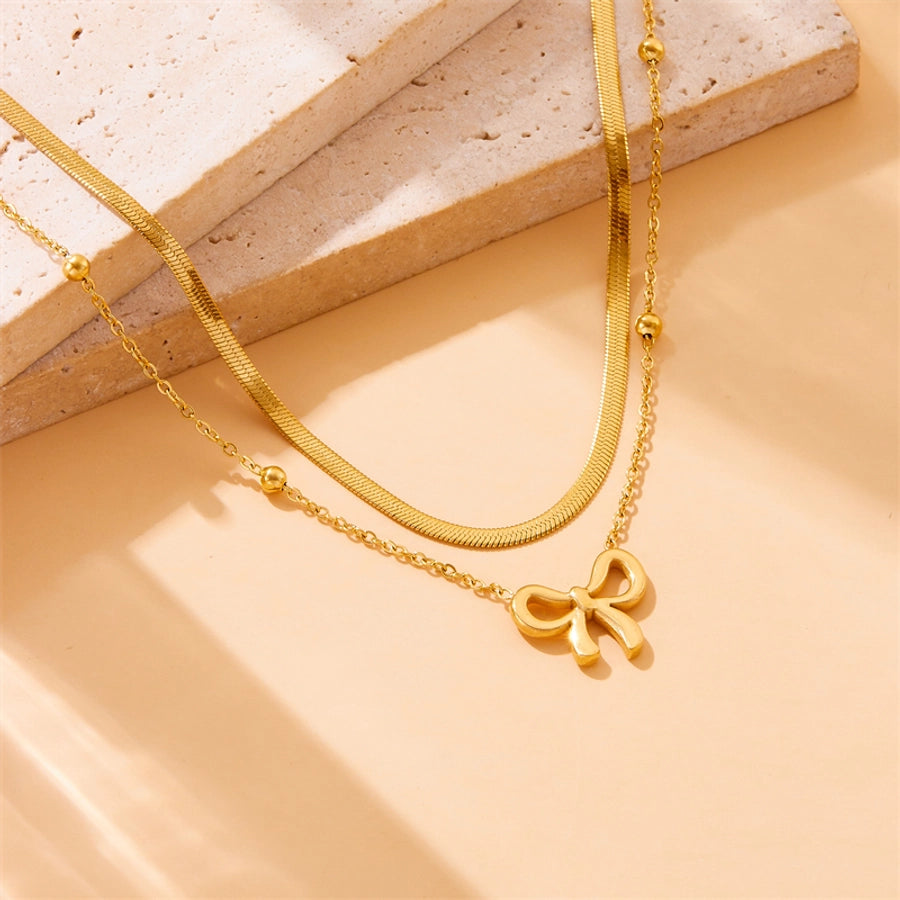 Jewelry Vintage Style Sweet Bow Knot 304 Stainless Steel Double Layer Necklaces