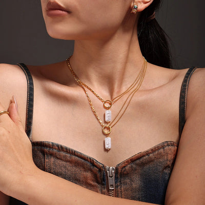 Jewelry Elegant Vacation Rectangle 304 Stainless Steel Baroque pearl 18K Gold Plated Pendant Necklace