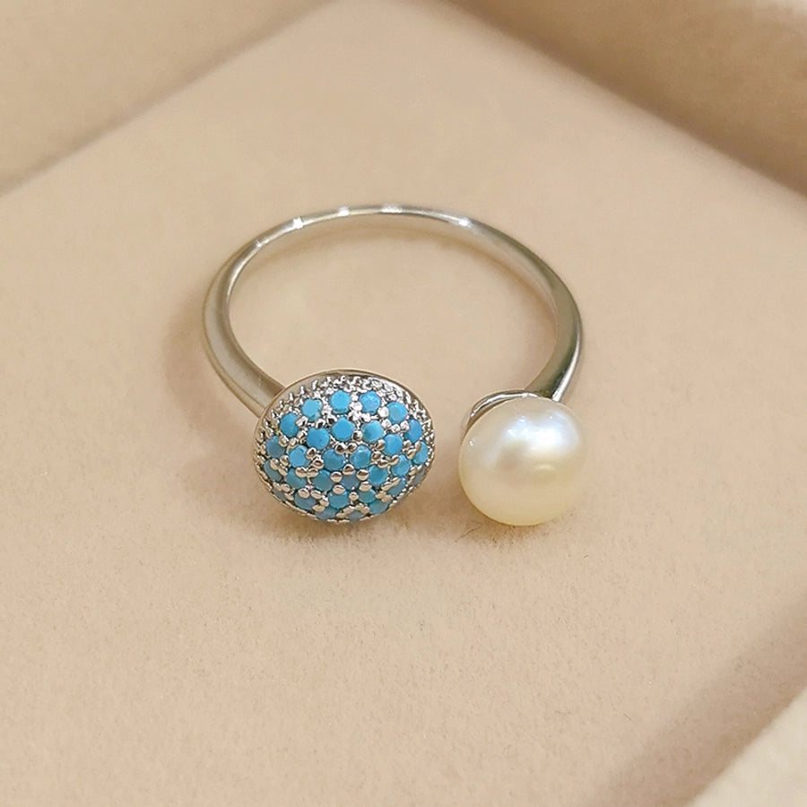Copper Inlay Round Artificial Pearls Turquoise Copper Rings