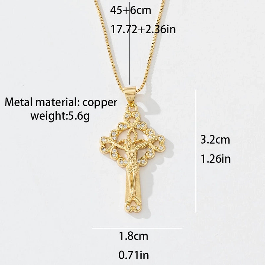 Copper box chain 18K Gold Plated Inlay Carving Cross Zircon Pendant Necklace