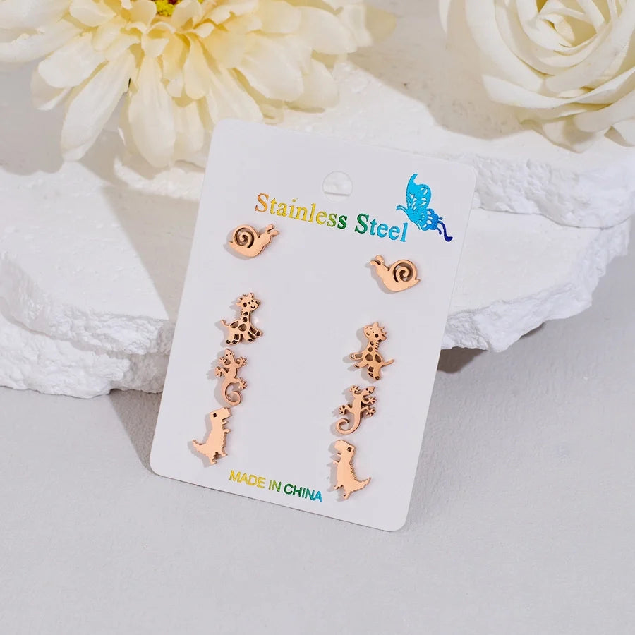 4 Pairs Cute Sweet Commute Animal Dinosaur Deer Polishing Hollow Out 304 Stainless Steel 18K Gold Plated Ear Studs