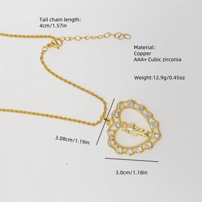 Copper 18K Gold Plated Inlay Human Virgin Mary Heart Shape Artificial Pearls Zircon Pendant Necklace