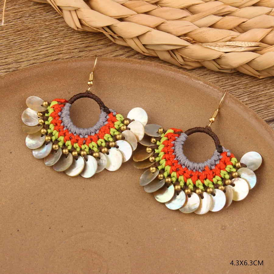 bohemian sector synthetic gemstones shell copper tassel mesh women's ear hook