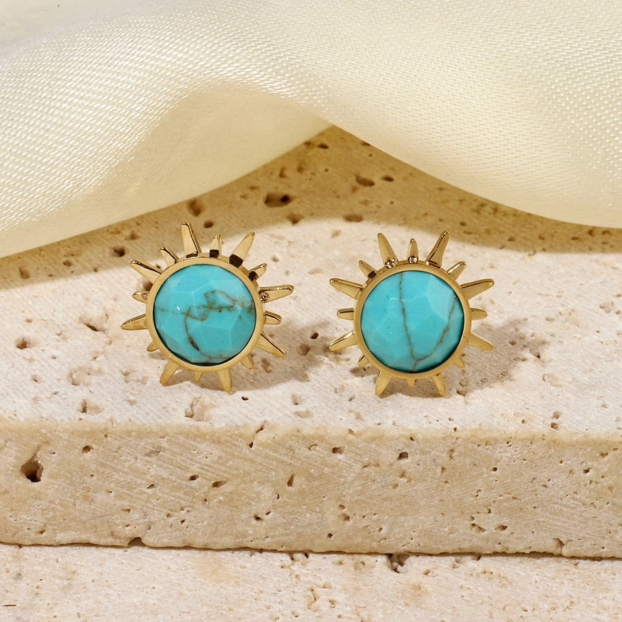 One Pack and Two Pairs Retro French Style Sun Plating Titanium Steel Natural Stone 14K Gold Plated Ear Studs
