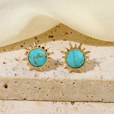 One Pack and Two Pairs Retro French Style Sun Plating Titanium Steel Natural Stone 14K Gold Plated Ear Studs