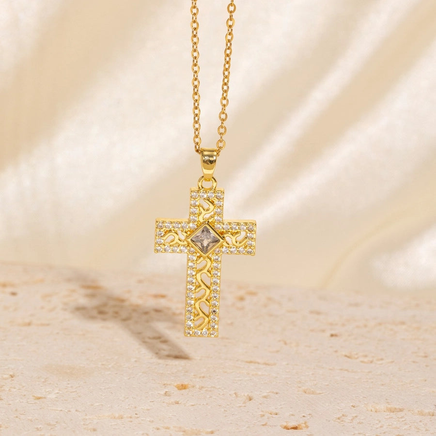 Copper Plating Cross Zircon Pendant Necklace