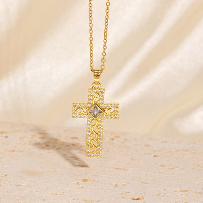 Copper Plating Cross Zircon Pendant Necklace