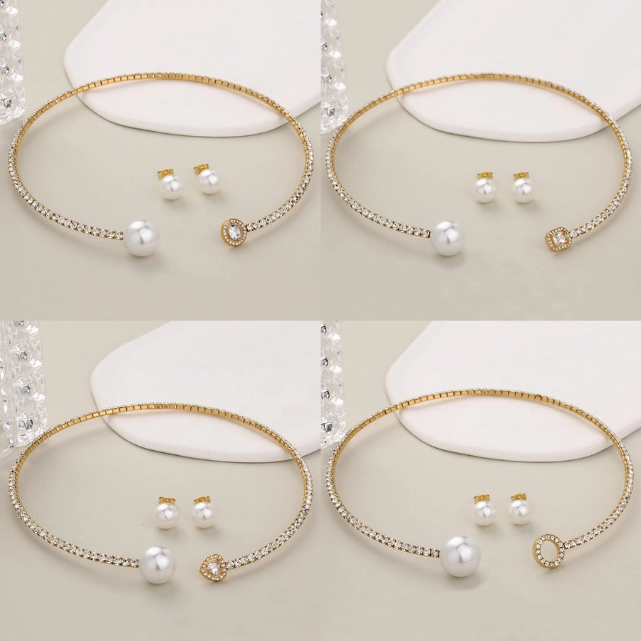 Jewelry Glam Luxurious Shiny Circle Square Heart Shape 304 Stainless Steel Imitation Pearl Rhinestone Jewelry Set