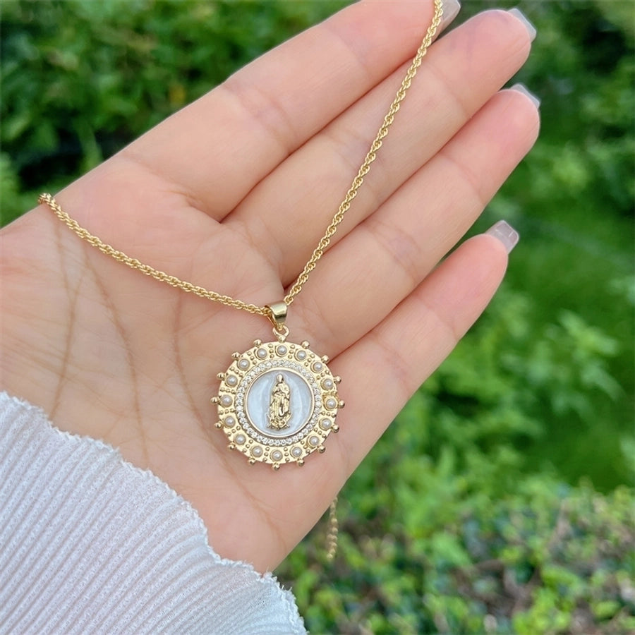 Copper 18K Gold Plated Enamel Inlay Round Virgin Mary Artificial Pearls Zircon Pendant Necklace