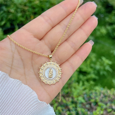 Copper 18K Gold Plated Enamel Inlay Round Virgin Mary Artificial Pearls Zircon Pendant Necklace
