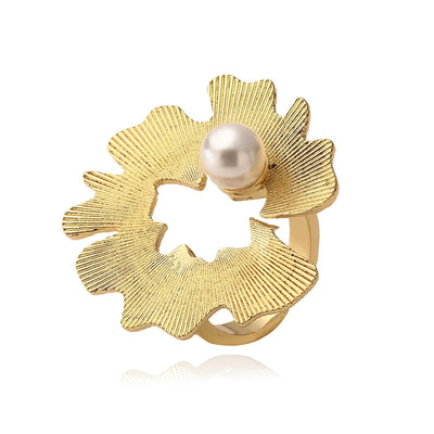 French Retro Copper Plating 18K Gold Inlaid Pearl Jasmine Flower Rings Ear Studs Special-Interest Design Striped Wing-Shaped Earrings