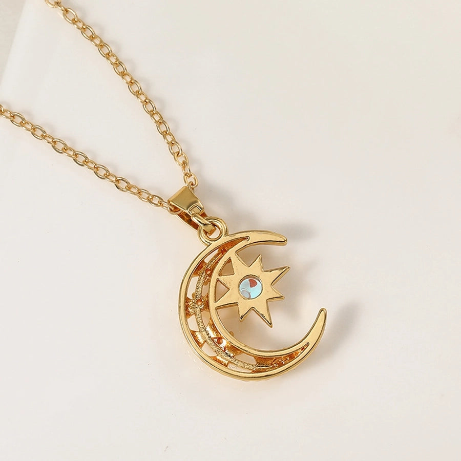 201 Stainless Steel Copper Gold Plated Plating Inlay Moon Resin Zircon Pendant Necklace