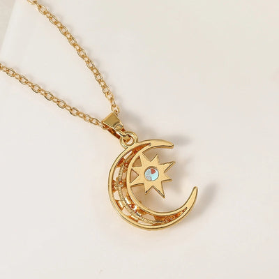201 Stainless Steel Copper Gold Plated Plating Inlay Moon Resin Zircon Pendant Necklace