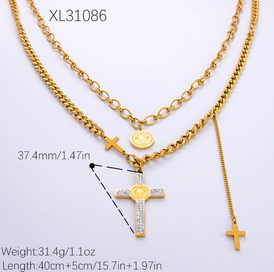Jewelry Vintage Style Cross 304 Stainless Steel Plating Double Layer Necklaces