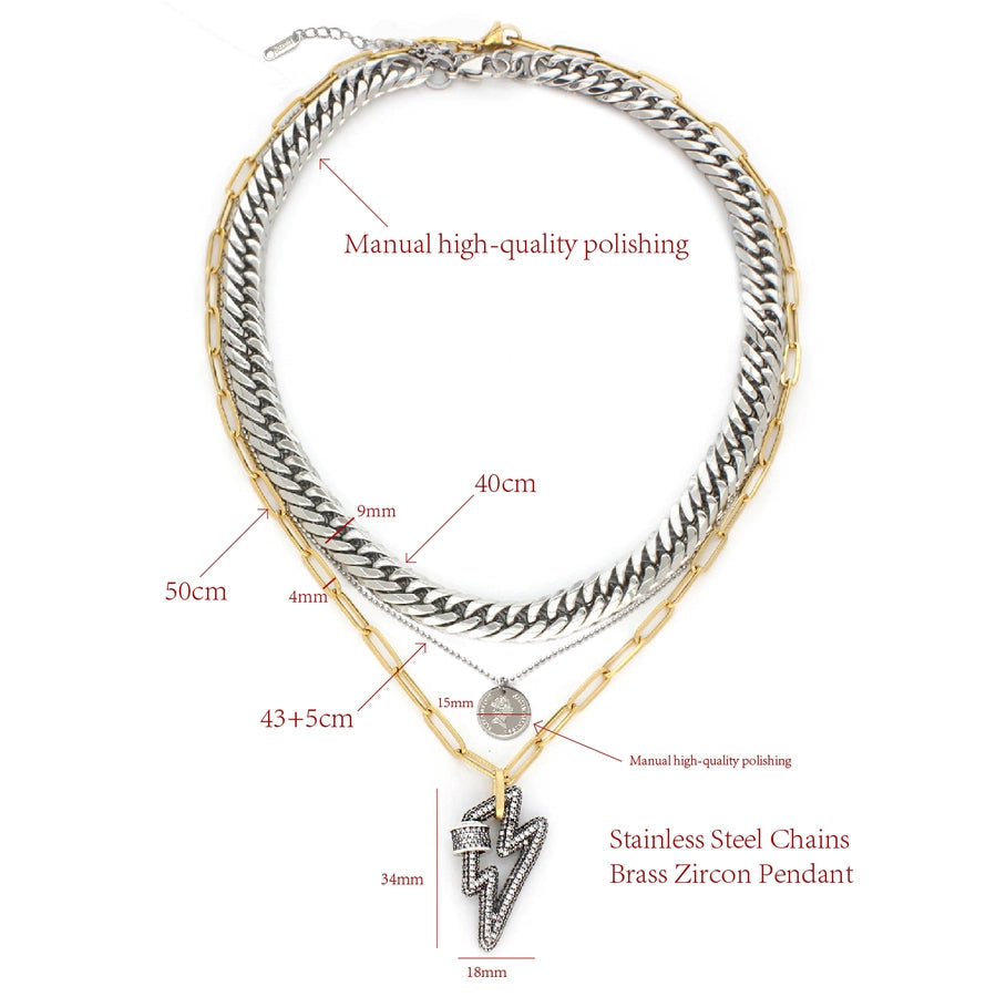 Jewelry Retro Lightning Titanium Steel Three Layer Necklace