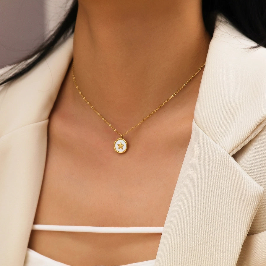 Jewelry Vintage Style French Style Pentagram Round 304 Stainless Steel Shell 18K Gold Plated Inlay Pendant Necklace