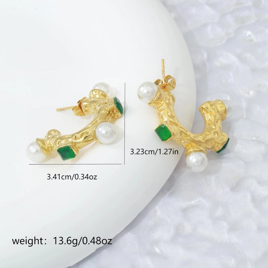 1 Pair Elegant C Shape Plating Inlay 304 Stainless Steel Artificial Pearls Zircon 18K Gold Plated Ear Studs