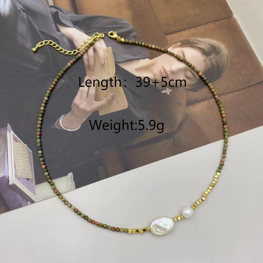 IG Style Geometric natural stone Pearl black gallstone Beaded Chain Necklace In Bulk