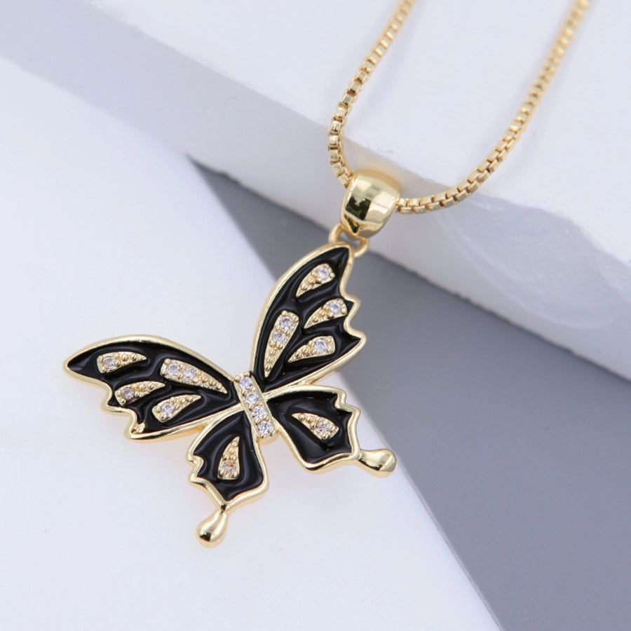 Copper 18K Gold Plated Epoxy Inlay Butterfly Zircon Pendant Necklace