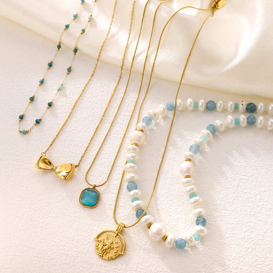 Jewelry Simple Style Bow Knot 304 Stainless Steel natural stone 18K Gold Plated Pendant Necklace