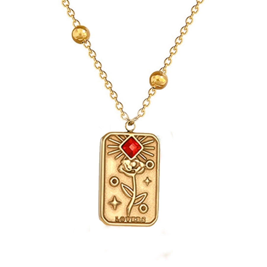 Jewelry Punk Roman Style Letter Rose Rectangle 304 Stainless Steel Zircon 18K Gold Plated Plating Inlay Pendant Necklace