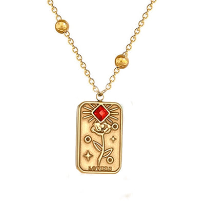 Jewelry Punk Roman Style Letter Rose Rectangle 304 Stainless Steel Zircon 18K Gold Plated Plating Inlay Pendant Necklace