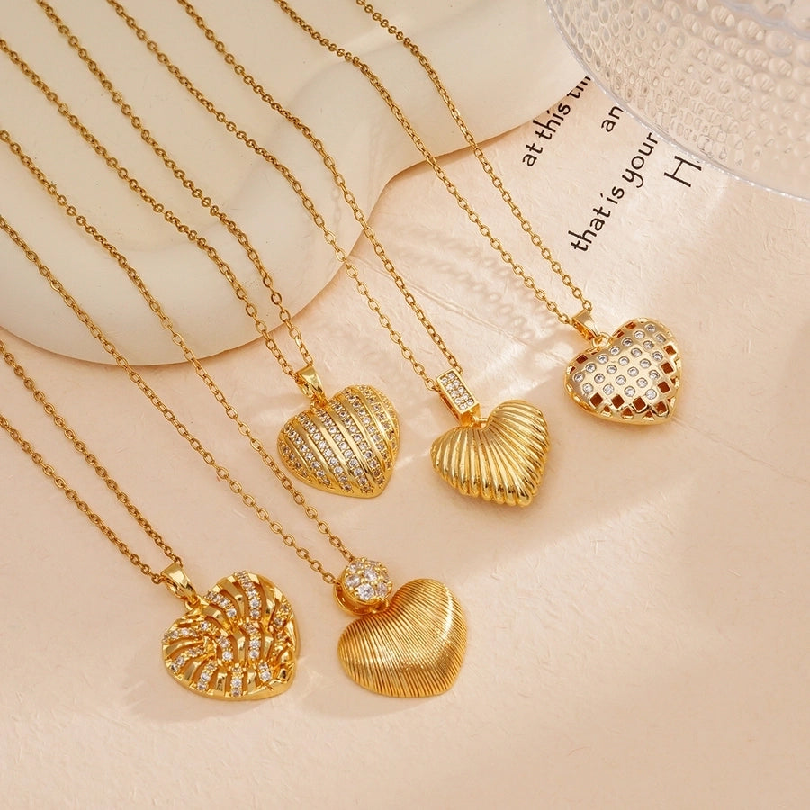 Jewelry Simple Style Heart Shape 304 Stainless Steel Copper Zircon Gold Plated Plating Inlay Pendant Necklace