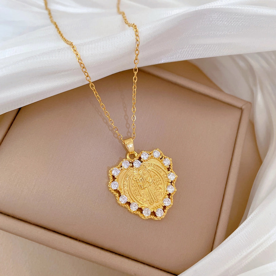 Jewelry Classic Style Roman Style Portrait Heart Shape Titanium Steel Copper Zircon Gold Plated Pendant Necklace