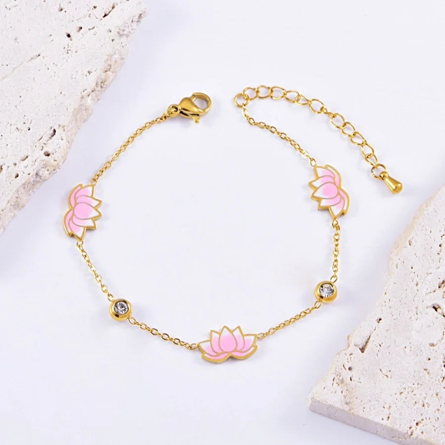 Jewelry Sweet Flower Titanium Steel Gold Plated Epoxy Plating Bracelets Jewelry Set