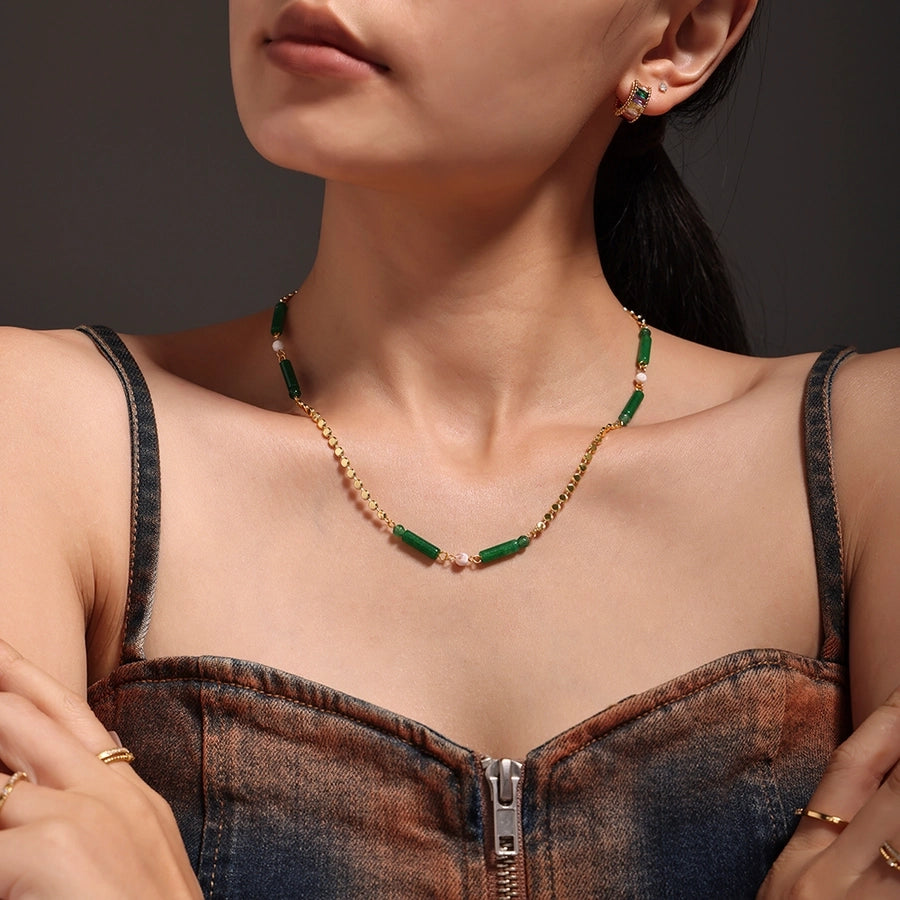 Jewelry Elegant Vacation chain 304 Stainless Steel Aventurine 18K Gold Plated Beaded Necklace