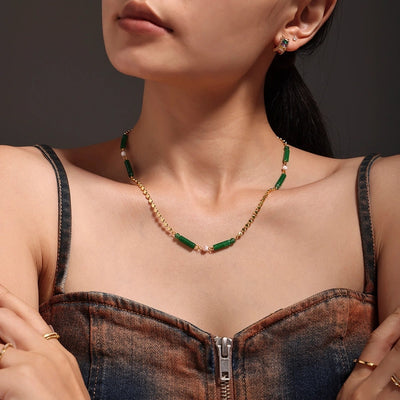 Jewelry Elegant Vacation chain 304 Stainless Steel Aventurine 18K Gold Plated Beaded Necklace